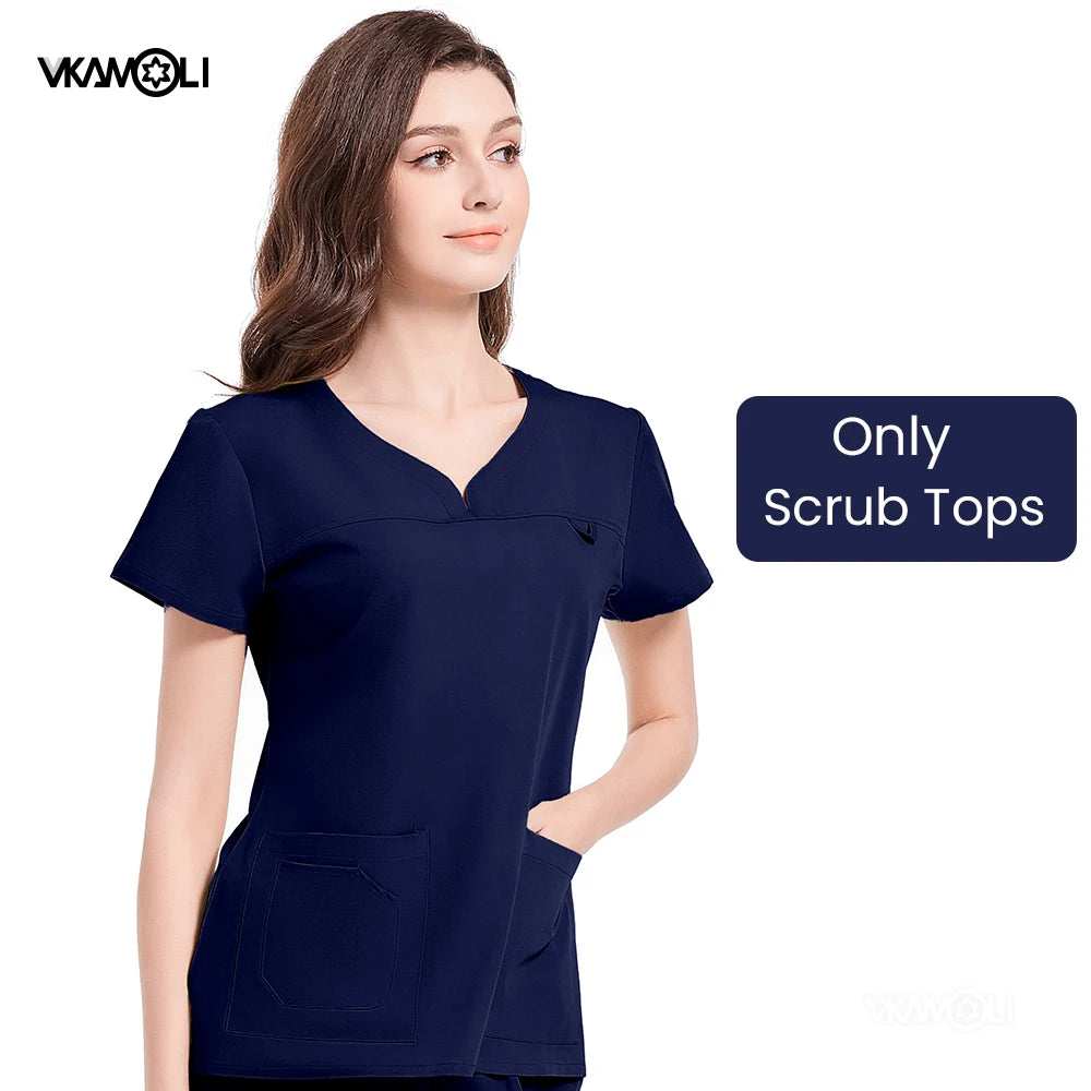 Slim fitting elasticity nurse scrubs tops dentistry doctor lab spa uniform surgical Scrub shirt for woman pharmacy pet hospital
