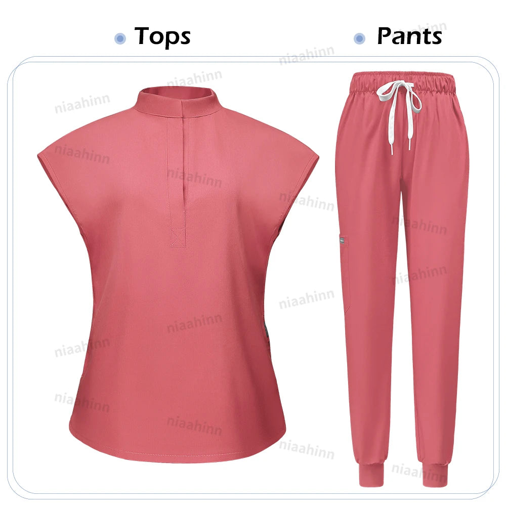Niaahinn Scrubs Hot Sales Jogger Scrub Sets Women Solid Color Breathable Work Clothes Lab Coat Uniform Hospital Doctor Work Wear