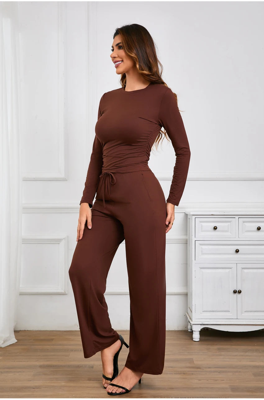 Autumn Winter Trend Fashion Women's Two Pieces Set Solid Casual O Neck Long Sleeve T-shirts & High Waist Wide Leg Pants Sets