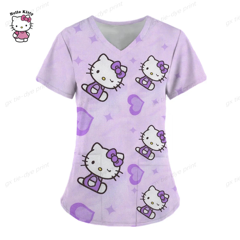 Hello Kitty Uniform Women's Cartoon Hello Kitty Print Nurse Work Shirt Pocket Gown Christmas Healthcare Nurse Scrubs