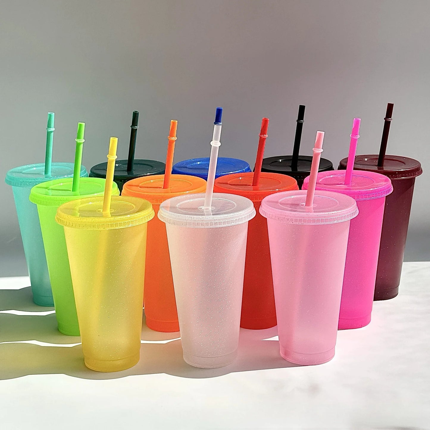 PlasticCupsWithLids And StrawsJuice Milk Tea Coffee CupsDrinking CupCold CupsColor Changing Cups, Glitter Cups ChangingPartyCups