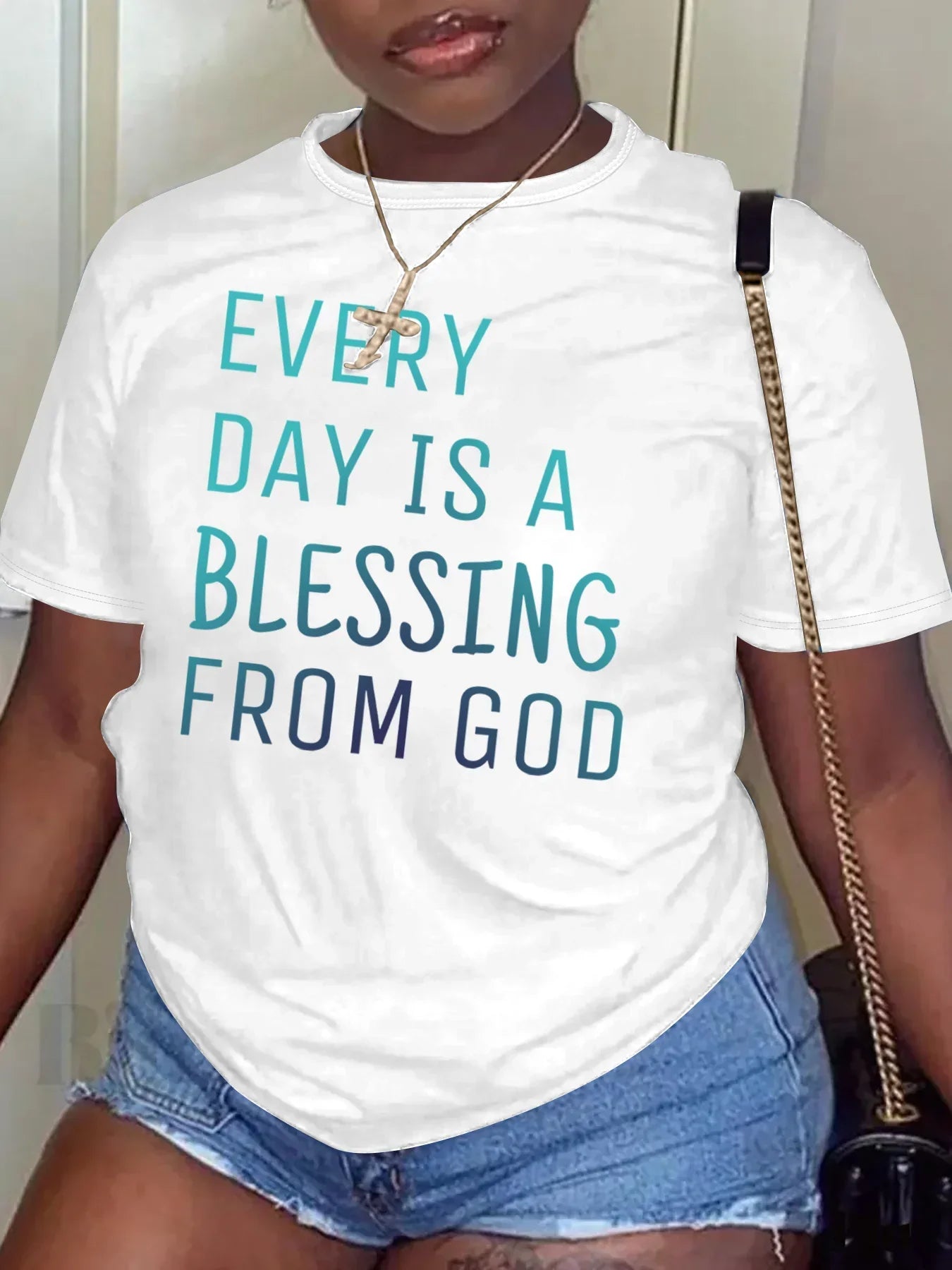 Women Plus Size Clothing Summer Round Neck Short Sleeve Printed Letter Casual BLESSING Plus Size T-Shirts Y2k Top