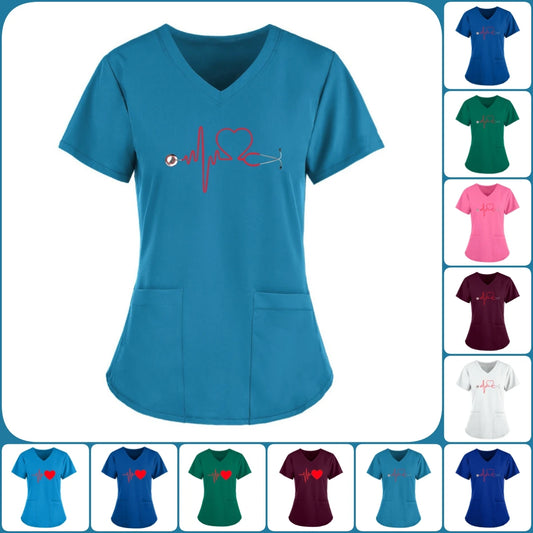 Scrubs Medical Uniforms Woman Top Fashion V Neck Soild Short Sleeve Tops Pocket Working T-Shirts Blouse Women's Athletic Shirts