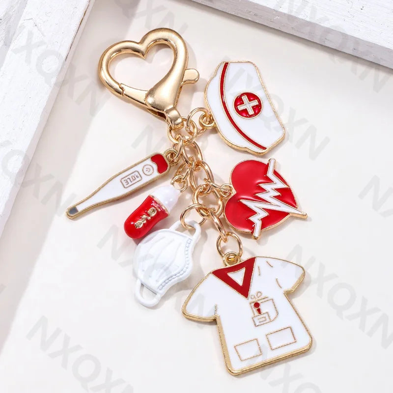 Cartoon Heart Nurse Hat Uniform Thermometer Enamel Keychain Capsule Doctor Key Ring For Women Men Gift Handmade Jewelry Set