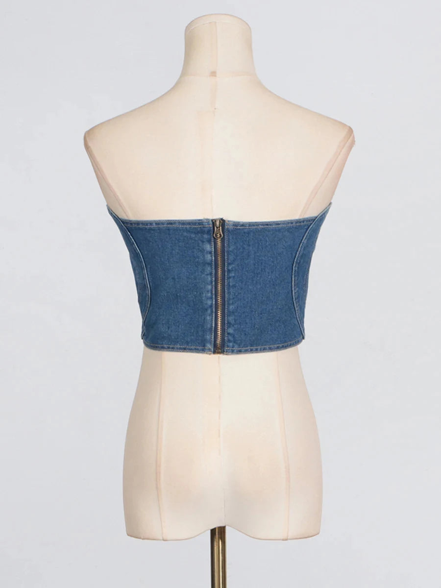 CHICEVER Retro Hot Girl Two Piece for Women Strapless Sleeveless Patchwork Denim Vest  Irregular Hollow Pant Summer Suit Female