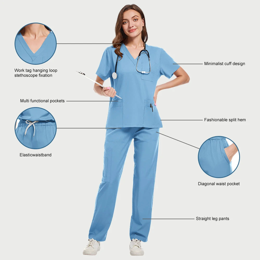 New Scrubs Set Medical Uniforms Stretch Scrub Tops With Pocket Pants Nurse Uniform Doctor Surgery Overalls Beauty Salon Workwear