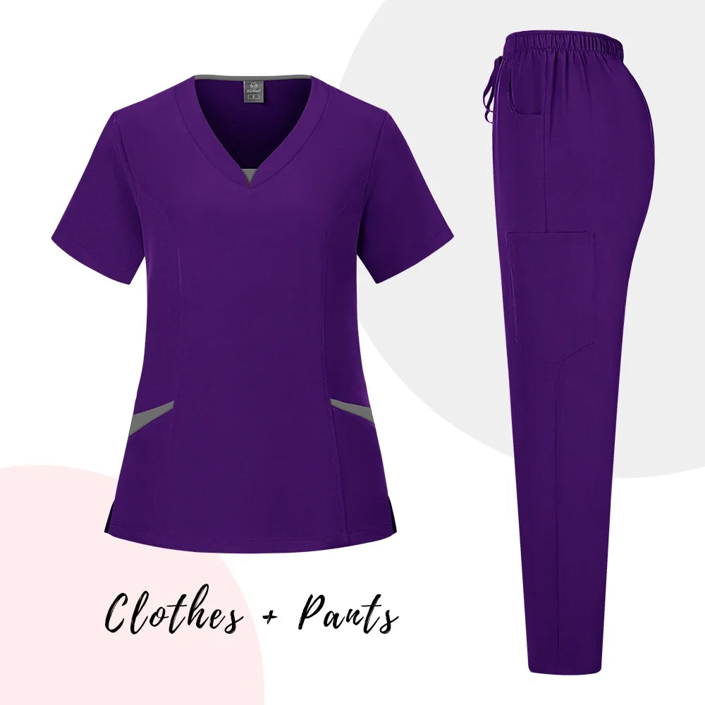 New Scrubs Uniform Suit Short Sleeve V-neck Tops+ Pants Set Nursing Uniform Women Multicolor Pet Doctor Scrub Medical Workwear