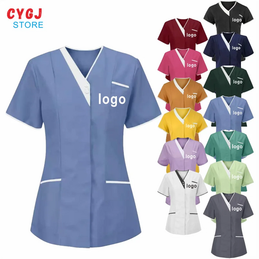 Custom Nurse UniformScrubs Tops Short Sleeve Pocket Clinic Nursing Scrub Tops Healthcare Carer Tunic Design Print Logo