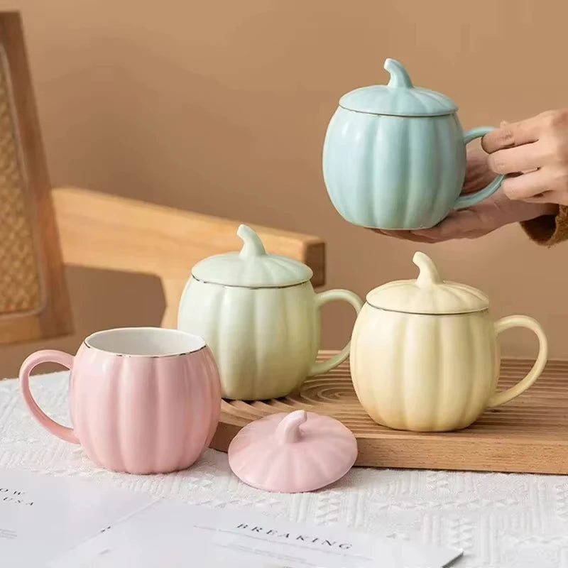 Multicolored Pumpkin Breakfast Mug Household Water Cup Ceramic Coffee Cups with Lid High Beauty Couple Oat Mugs Drinkware