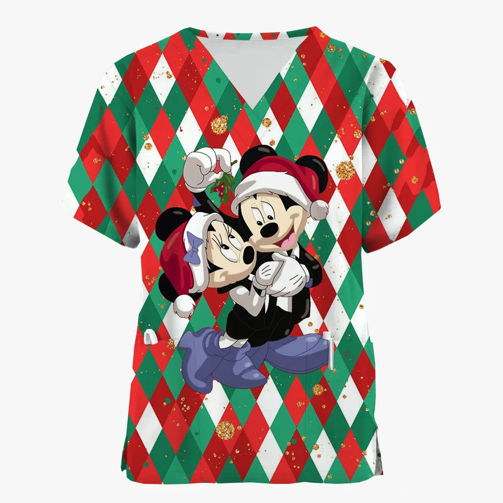2024 Disney Uniform Women's Cartoon Stitch Print Nurse Work Shirt Pocket Gown Christmas Healthcare Nurse Scrubs