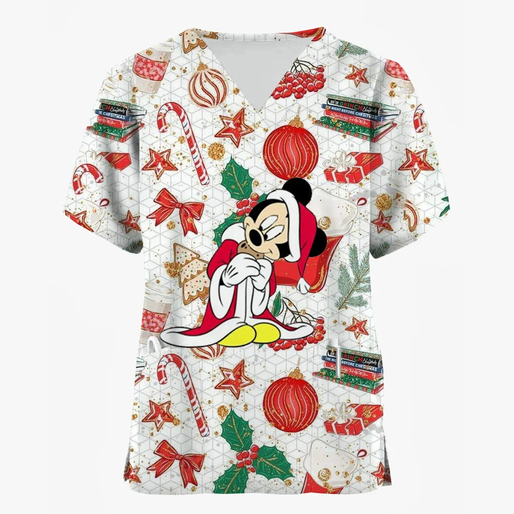 2024 Disney Uniform Women's Cartoon Stitch Print Nurse Work Shirt Pocket Gown Christmas Healthcare Nurse Scrubs
