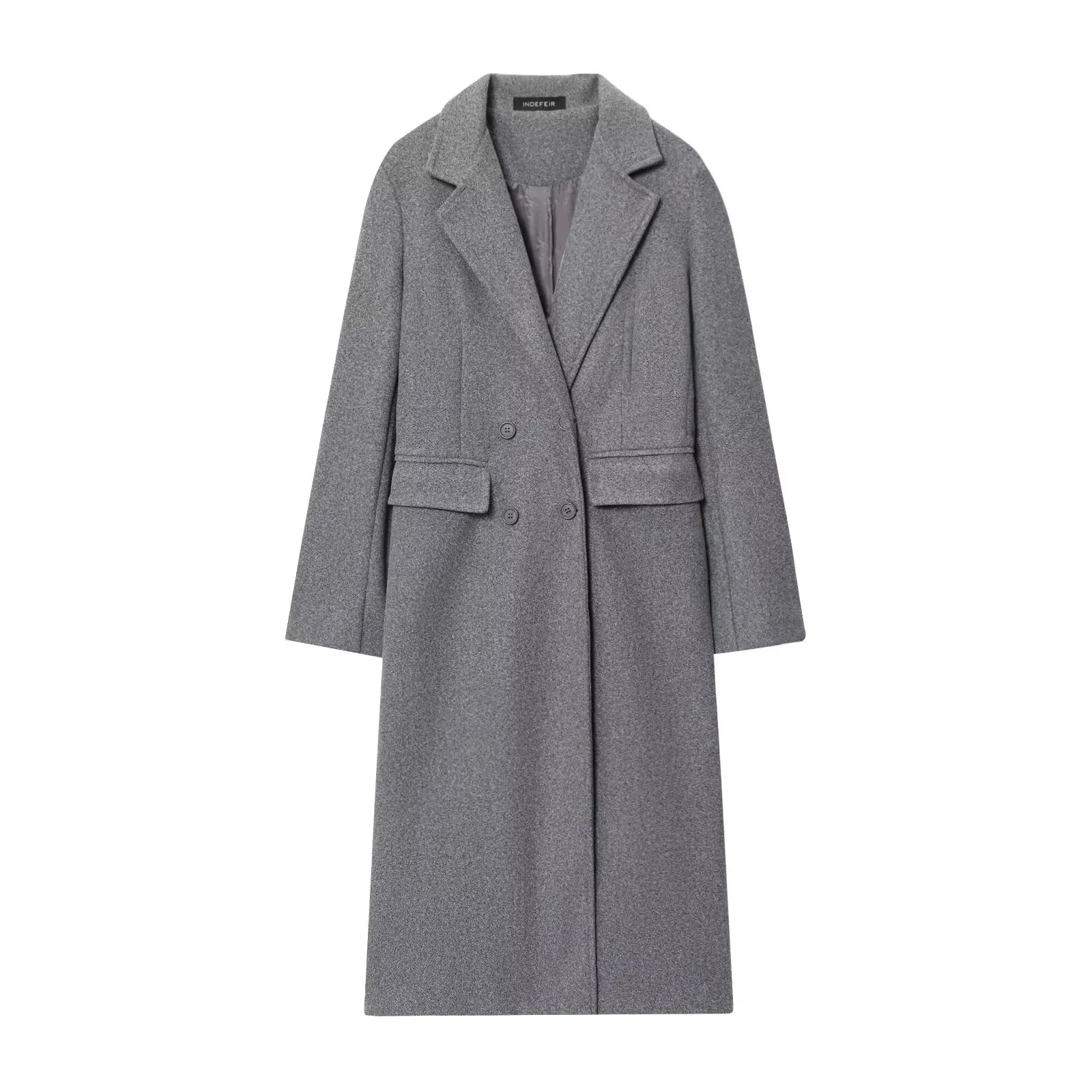 HH Female Autumn Winter Fashion Woolen Long Coat Woman Casual Turn-Down Collar Long Sleeves Pockets Double Breasted Coat