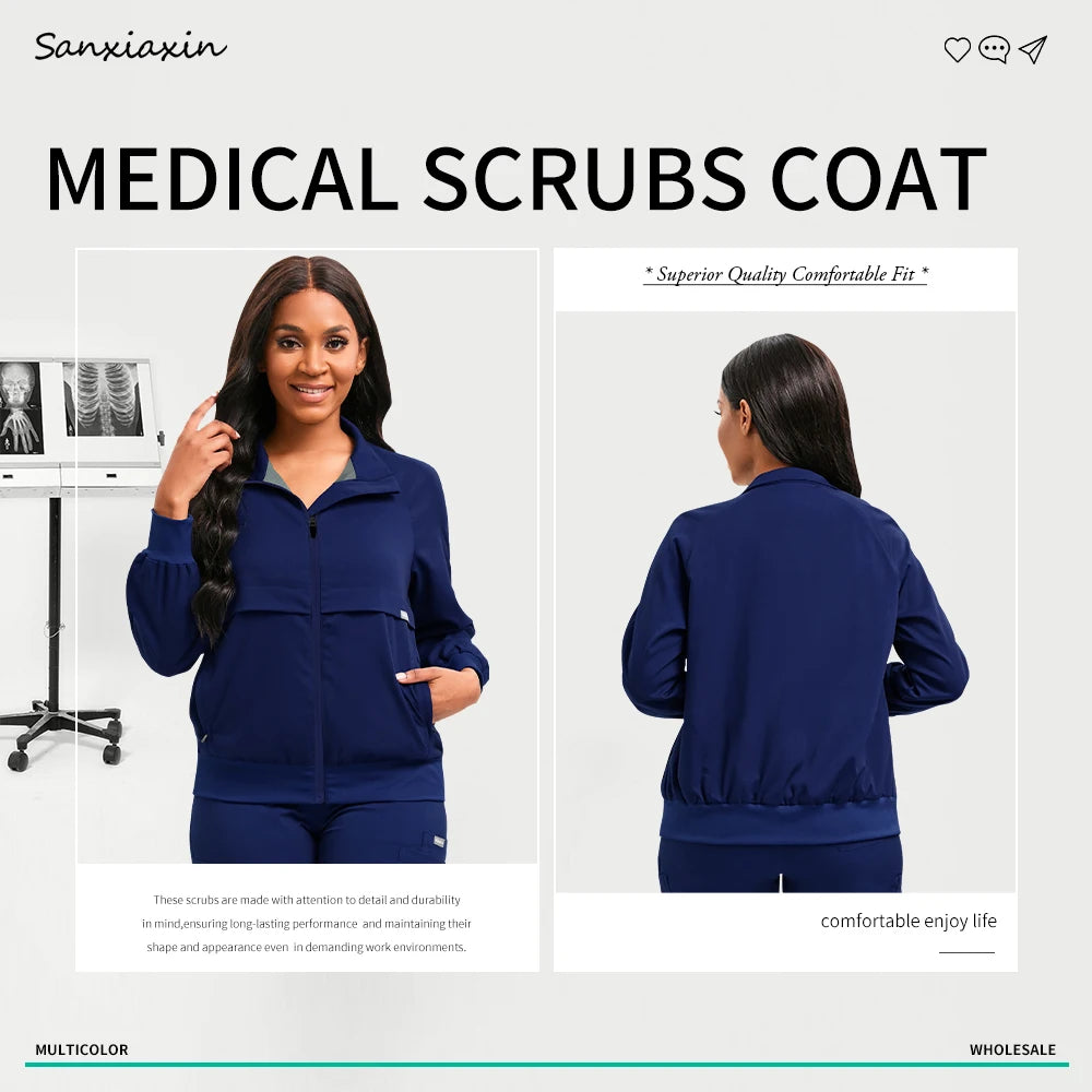 Long Sleeved Medical Scrub Jacket Pharmacy Uniform Women Solid Nurse Hospital Scrub Coat Surgical Uniforms Beauty Salon Workwear