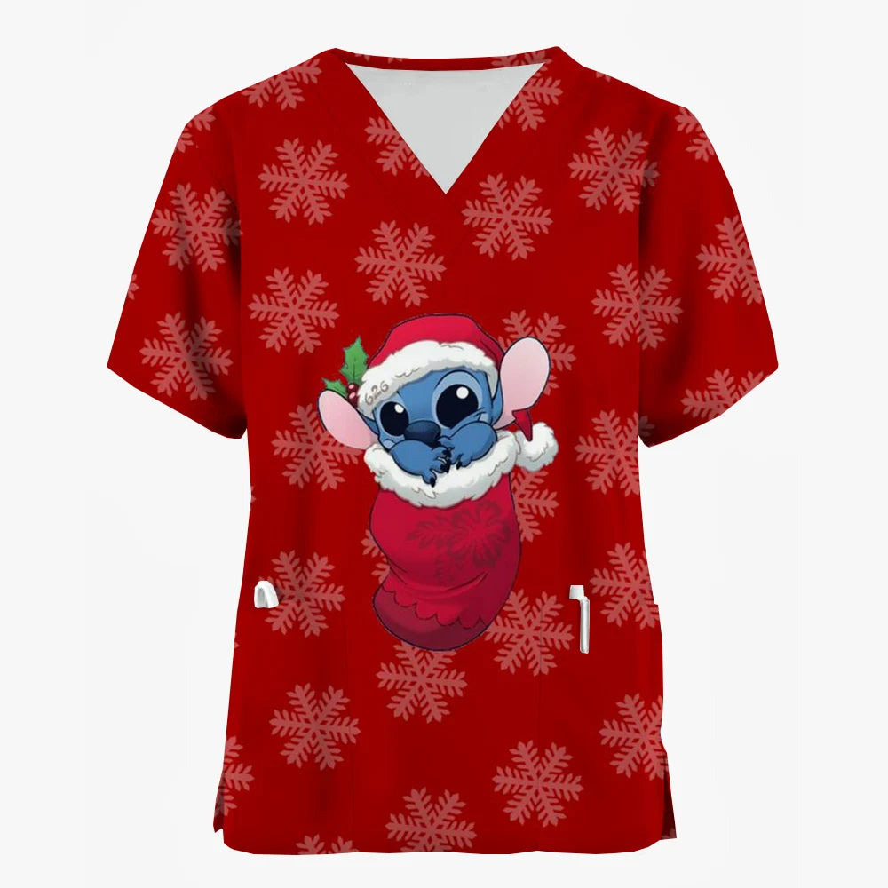 Nurse Uniforms Women Merry Christmas Print Short Sleeve Stitch Scrubs Working Medical Blouse Overalls Uniforms Medical Nursing