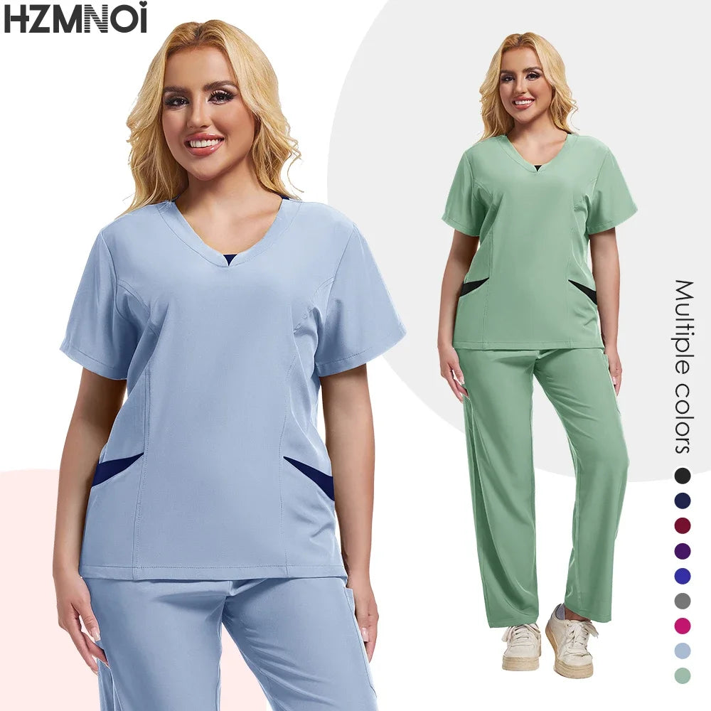 New Scrubs Uniform Suit Short Sleeve V-neck Tops+ Pants Set Nursing Uniform Women Multicolor Pet Doctor Scrub Medical Workwear