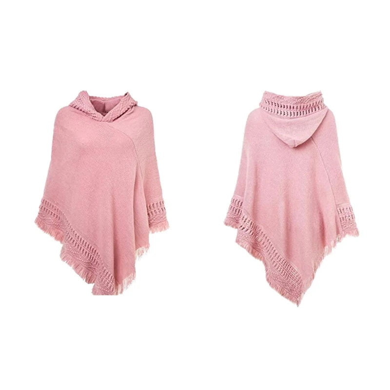 Women Winter Warm Knitted Hooded Poncho Cape Solid Color Crochet Fringed Tassel Shawl Wrap Oversized Pullover Cloak Sweater Top