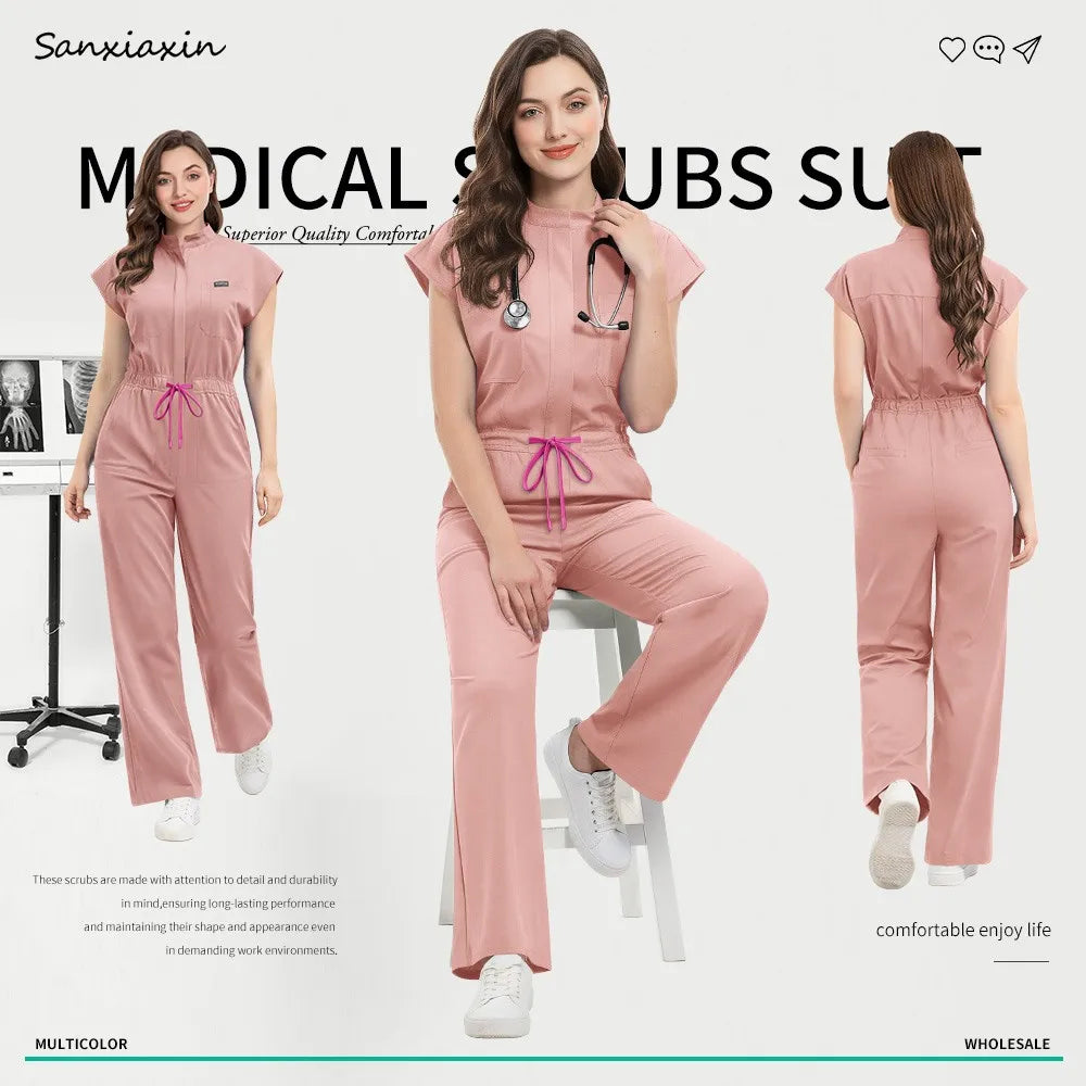 Slim Fitting Elasticity Scrubs Workwear Operating Room Medical Uniforms Nurse Scrubs Jumpsuit Women Solid Color Surgery Clothing
