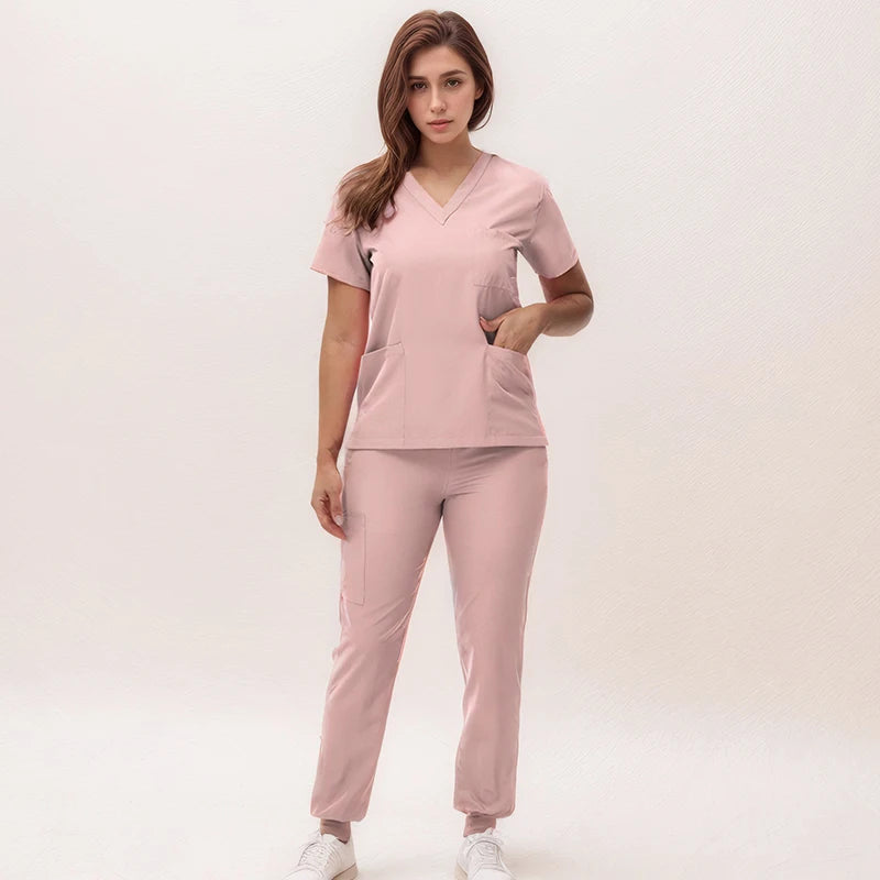 Short Sleeves Nurse Uniforms V-neck Top Jogger Pants  Women Surgical Scrubs Dentist Nursing Suit Pet Hospital Doctor Outfit S21
