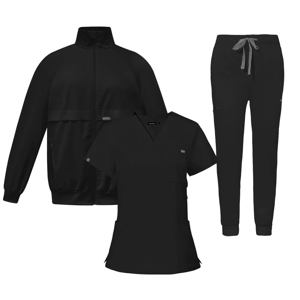 Elastic V-neck nurse hand washing suit three piece set, short sleeved pants and jacket, comfortable surgical suit set