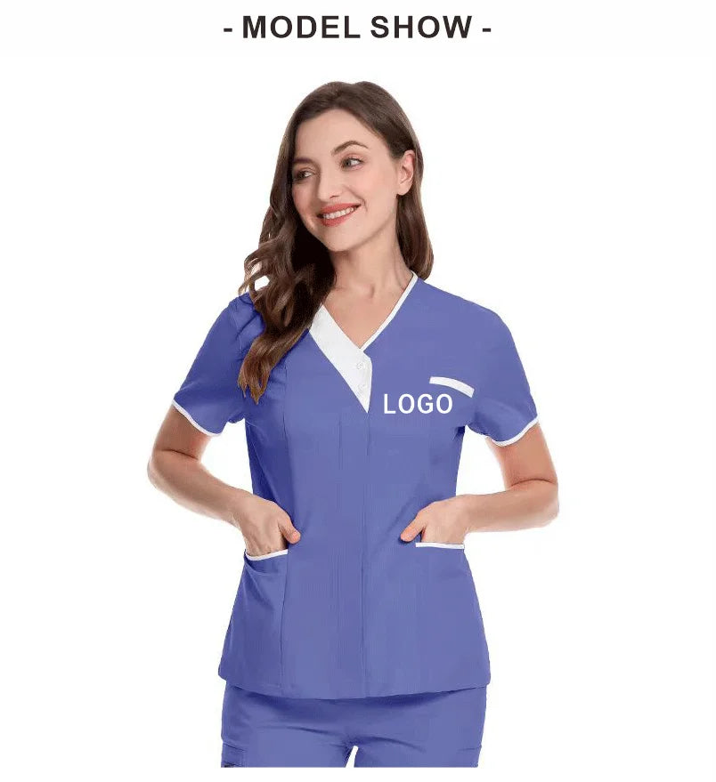Custom Nurse UniformScrubs Tops Short Sleeve Pocket Clinic Nursing Scrub Tops Healthcare Carer Tunic Design Print Logo