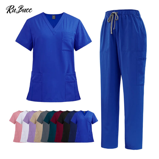 Nursing Operating Room Clothes Medical Scrubs Uniform Women Nurse Scrub Set Pocket Top+Pants 2 Piece Suit
