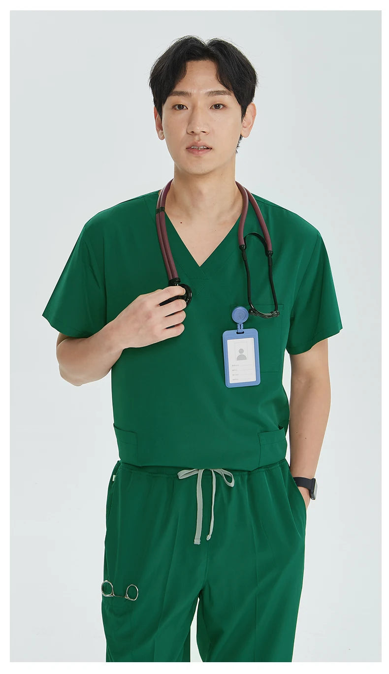 Green Hospital Work Uniforms Short-sleeved Doctor Outfit Clinical Scrub Set for Women Men Nurse V-neck Top Jogger Pant Scrub S21
