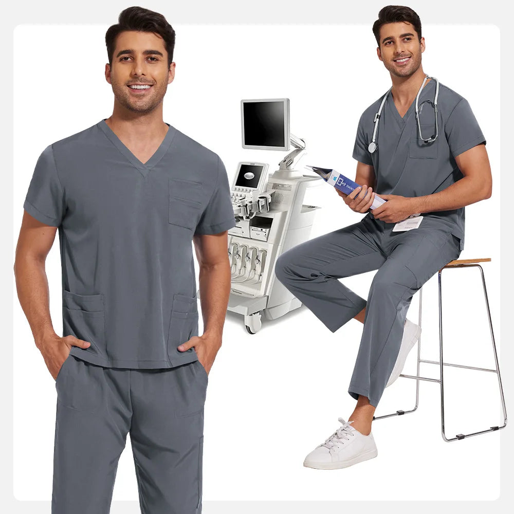 Scrubs Uniform Men Workwear Lab Work Clothes Uniforms Health Service Nursing Uniforms Short Sleeve V-neck Scrubs Tops+Pants Suit