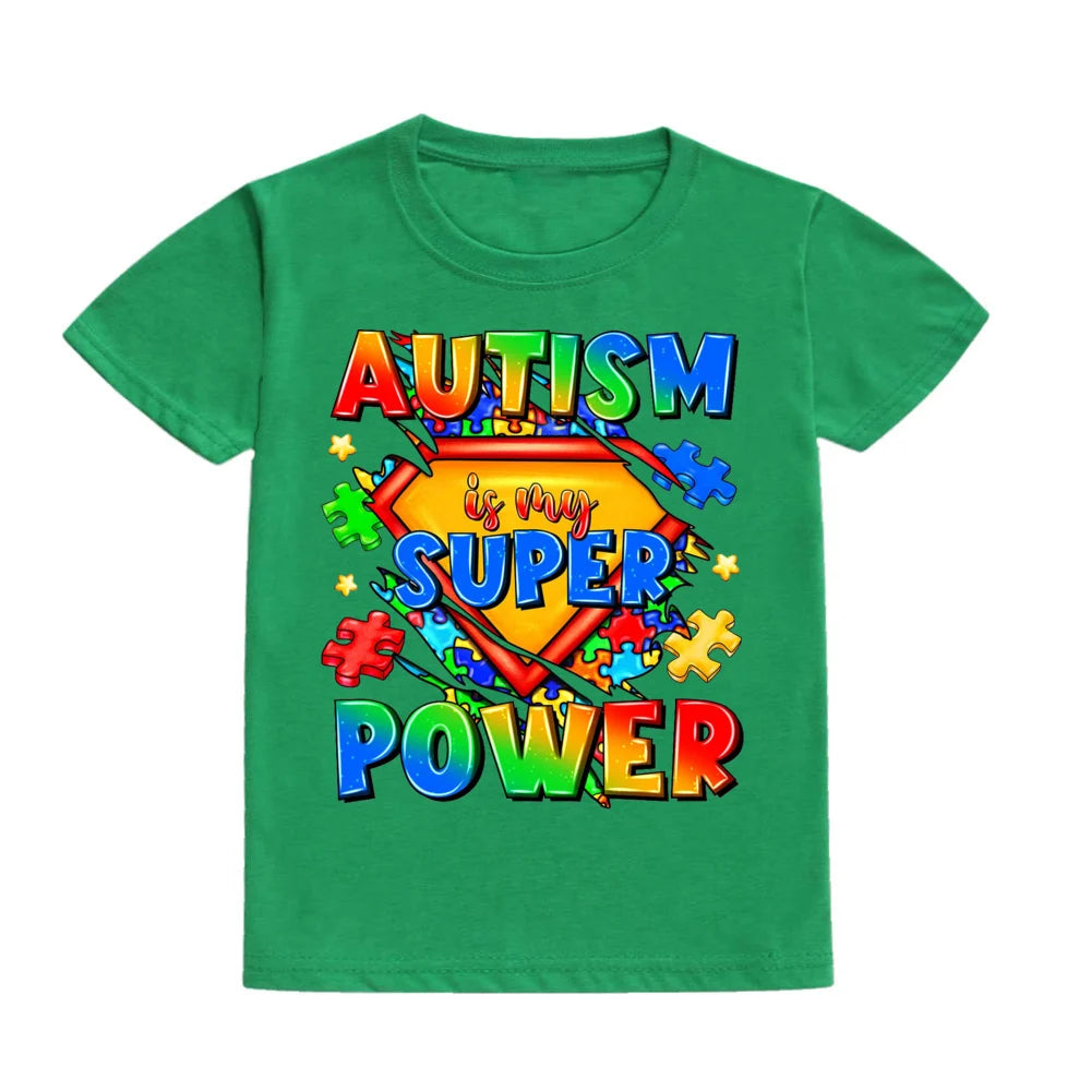 Autism Is My Superpower Kids Tshirt Autism Awareness Youth Shirt Toddler Short Sleeve Clothes Colorful Puzzle Boys Tee