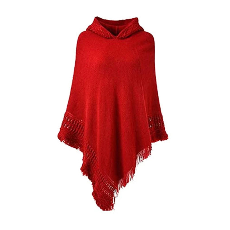 Women Winter Warm Knitted Hooded Poncho Cape Solid Color Crochet Fringed Tassel Shawl Wrap Oversized Pullover Cloak Sweater Top