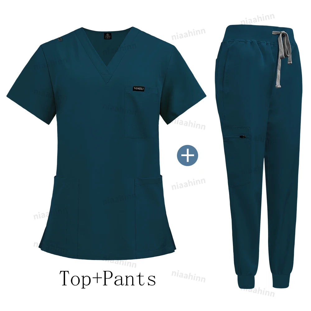 Wholesale Price Clinical Uniform Woman Hospital Doctor Work Wear Nurse Medical Clothing Short Sleeved Top Jogging Pants Set Mens