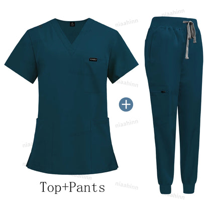 Wholesale Price Clinical Uniform Woman Hospital Doctor Work Wear Nurse Medical Clothing Short Sleeved Top Jogging Pants Set Mens