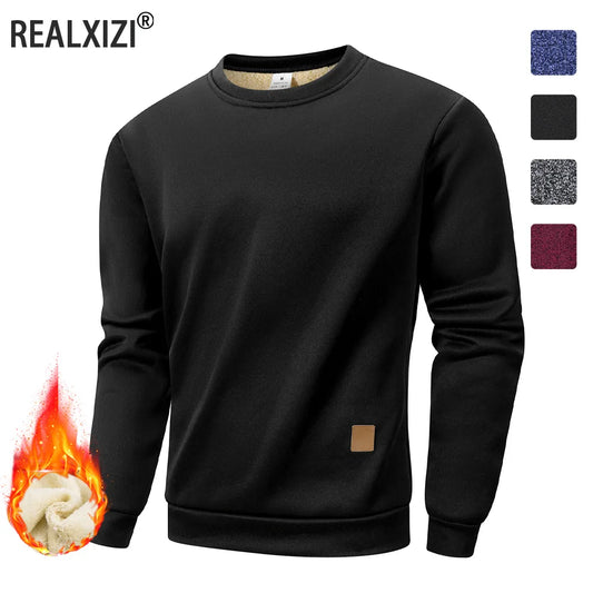 Autumn Winter Men's Fleece Lined Warm Crew Neck Pullover Sweaters Men Fashion Long Sleeve Sweatshirt Streetwear Men's Clothing