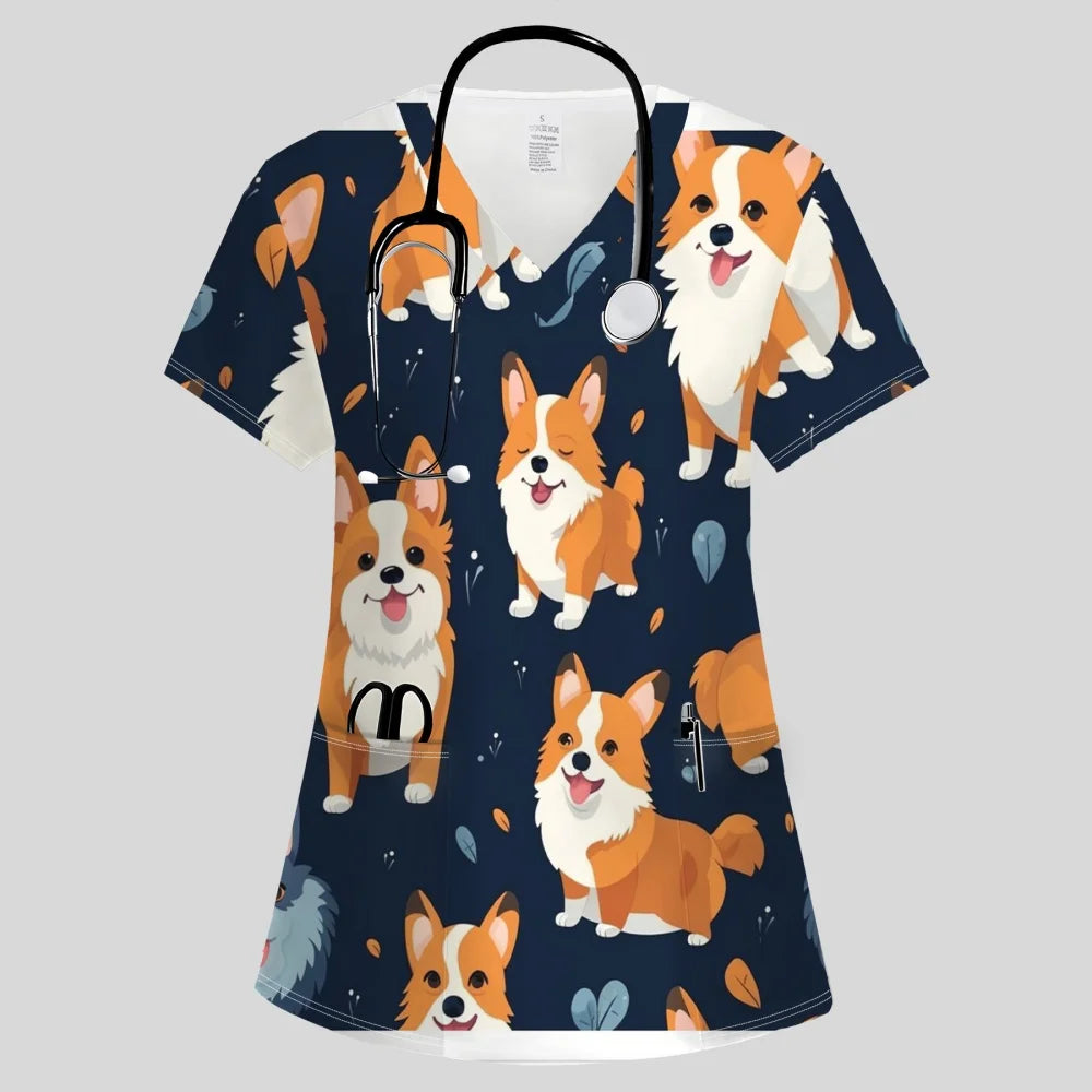 Clinical Uniform Woman Fashion V-Neck Vibrant Pockets T-Shirt Cute Cartoon Print Tops Summer Comfortable Vet Nurse Uniform Woman