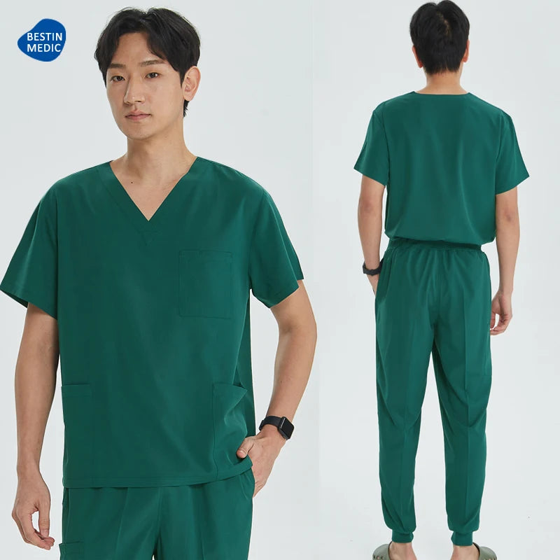 Green Hospital Work Uniforms Short-sleeved Doctor Outfit Clinical Scrub Set for Women Men Nurse V-neck Top Jogger Pant Scrub S21