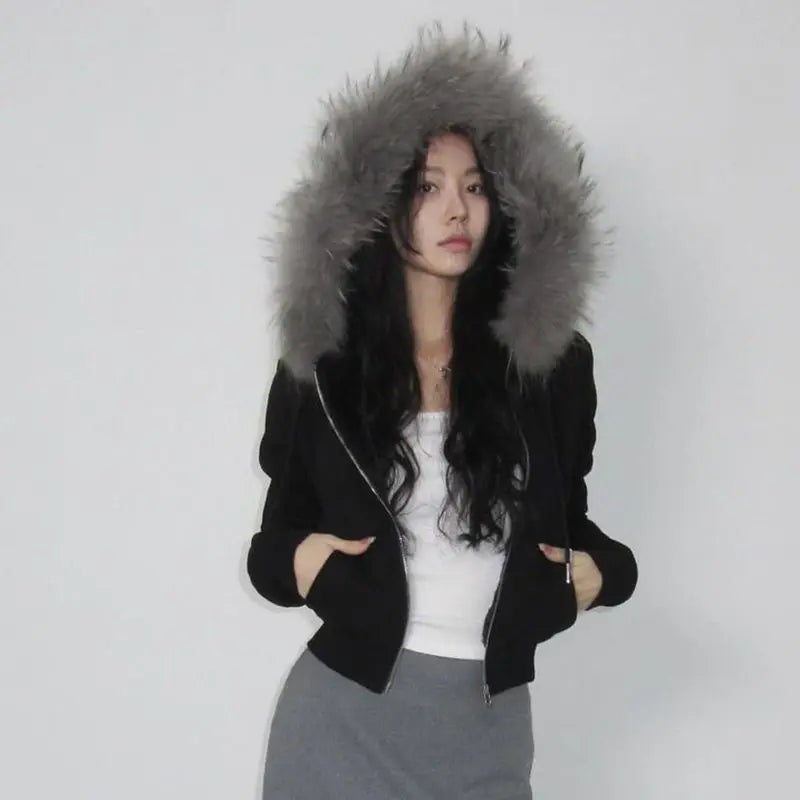 Patchwork Furry Hooded Sweatshirt for Women Y2k Tops Streetwear Casual Hoodies 2025 Ropa Mujer Korean Fashion Zipper Crop Hoodie