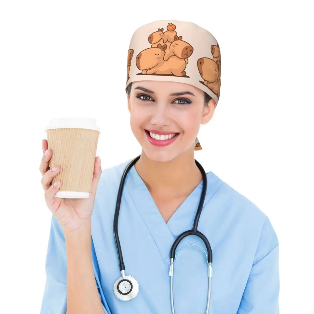 Custom Cartoon Capybara Medical Staff Scrubs Hat Women Men Comic Doctor Nursing Surgical Cap Scrub Caps