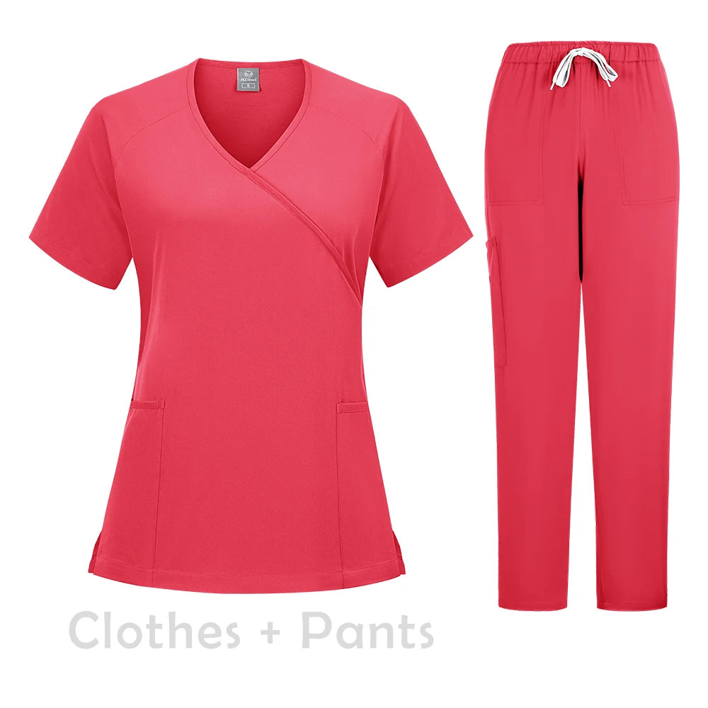 New Scrubs Set Medical Uniforms Stretch Scrub Tops with Pocket Pants Nurse Uniform Doctor Surgery Overalls Beauty Salon Workwear