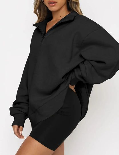 Women Sweatshirts Turn Down Collar Zipper Pullovers Long Sleeve Spliced Thick Warm Sweatshirt Outwear Autumn Winter 2024