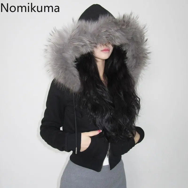 Patchwork Furry Hooded Sweatshirt for Women Y2k Tops Streetwear Casual Hoodies 2025 Ropa Mujer Korean Fashion Zipper Crop Hoodie