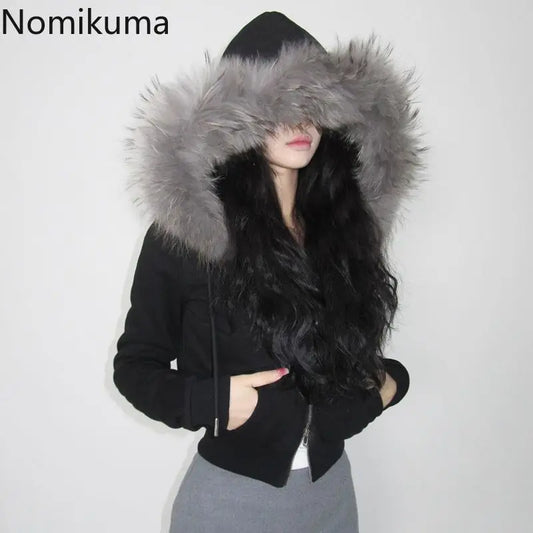 Patchwork Furry Hooded Sweatshirt for Women Y2k Tops Streetwear Casual Hoodies 2025 Ropa Mujer Korean Fashion Zipper Crop Hoodie