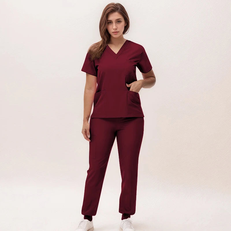 Short Sleeves Nurse Uniforms V-neck Top Jogger Pants  Women Surgical Scrubs Dentist Nursing Suit Pet Hospital Doctor Outfit S21