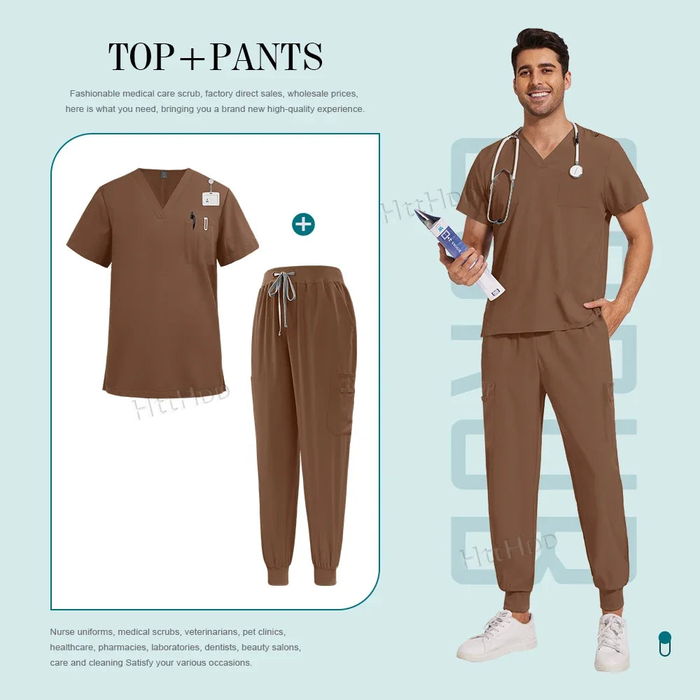 Scrubs Set Men Medical Uniforms Stretch Scrub Tops with Pocket Pants Nurse Uniform Doctor Surgery Overalls Beauty Salon Workwear