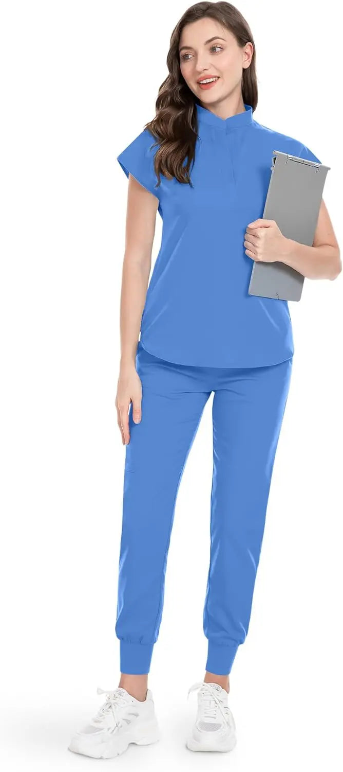 niaahinn Scrubs Set for Women Nurse Uniform Jogger Suit Stretch Top & Pants with Multi Pocket for Nurse Esthetician Workwear