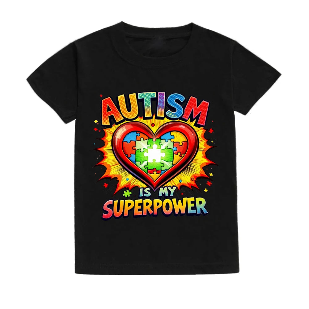 Autism Is My Superpower Kids Tshirt Autism Awareness Youth Shirt Toddler Short Sleeve Clothes Colorful Puzzle Boys Tee