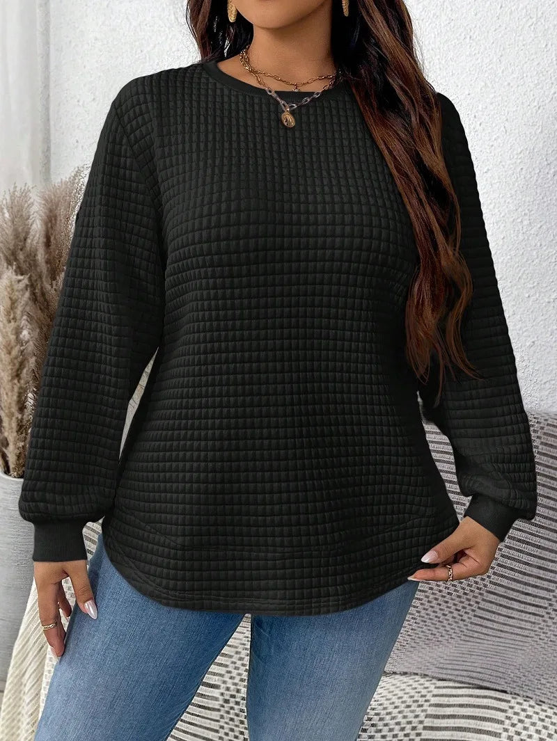 Plus-Size Women's Spring And Winter Fashion Casual Solid Color Checkered Pullover Sweatshirt Suitable For Commuting Travel