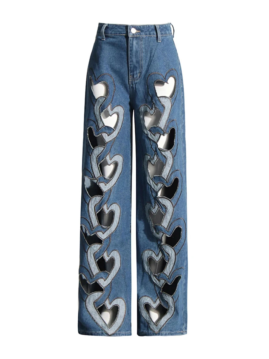 CHICEVER Retro Hot Girl Two Piece for Women Strapless Sleeveless Patchwork Denim Vest  Irregular Hollow Pant Summer Suit Female