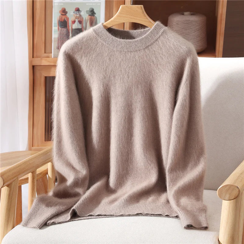 Autumn Winter Sweater Pullover Women's Clothing 100% Mink Cashmere Sweater Pullover O-Neck Basic Long Sleeve Warm Fleece Knitted