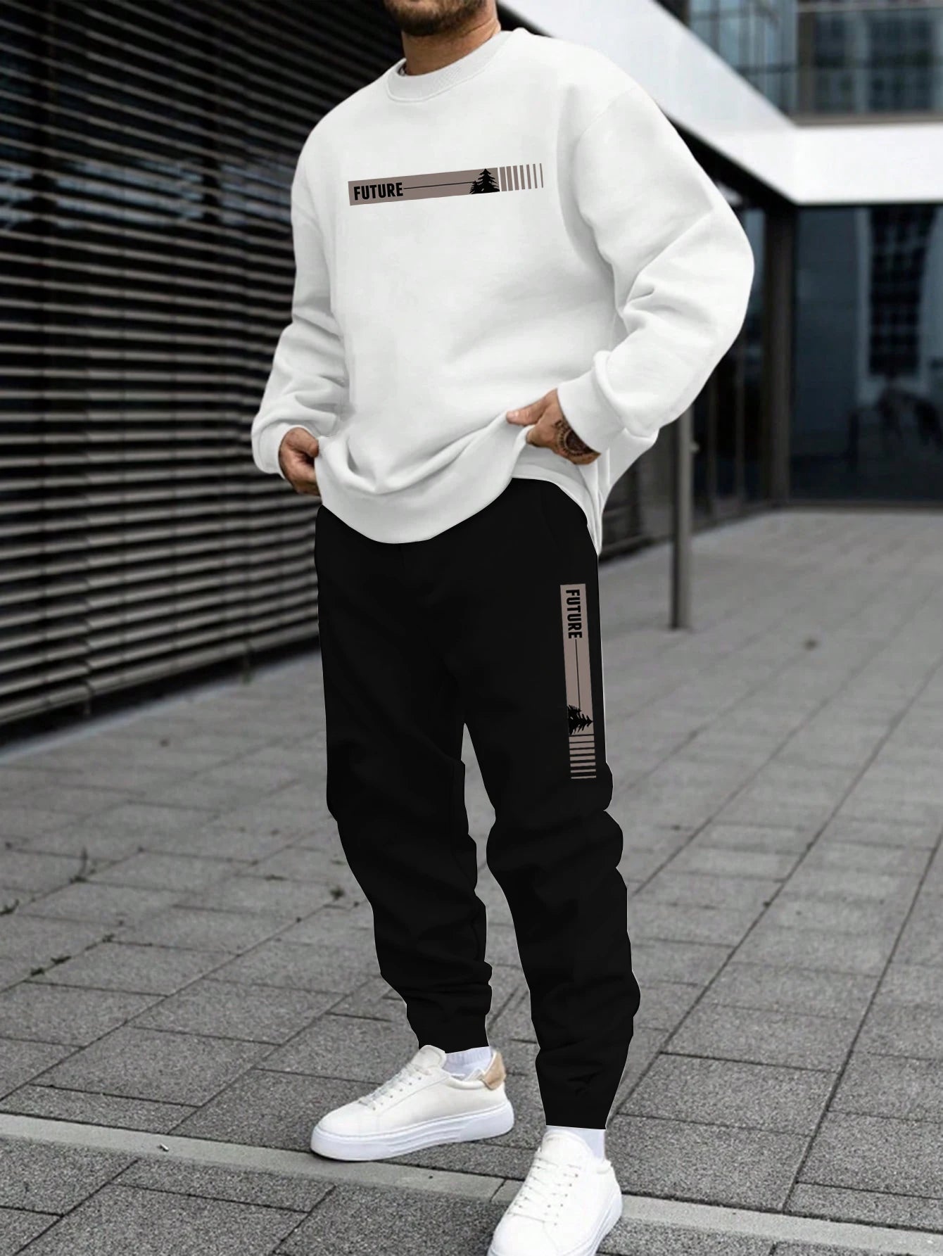 Men's Autumn and Winter Set With Future Print Casual Long Sleeve Pants Two-pieces Suit Comfortable Sportswear Suit Crew Neck