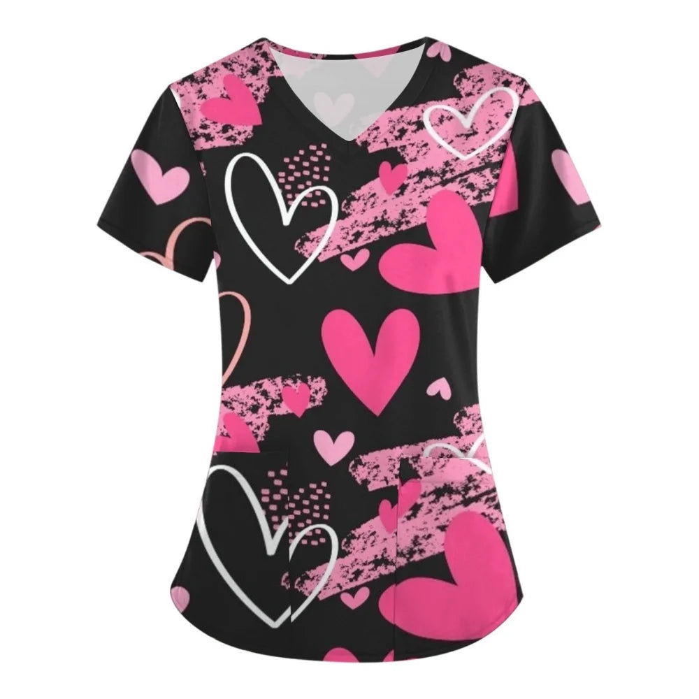 Clinical Uniform Woman V-Neck with Pocket Nurse Uniforms Comfortable Valentine's Day 3D Pattern Printed Women's Medical Uniform
