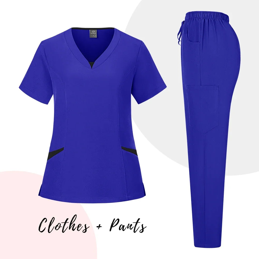 New Scrubs Uniform Suit Short Sleeve V-neck Tops+ Pants Set Nursing Uniform Women Multicolor Pet Doctor Scrub Medical Workwear